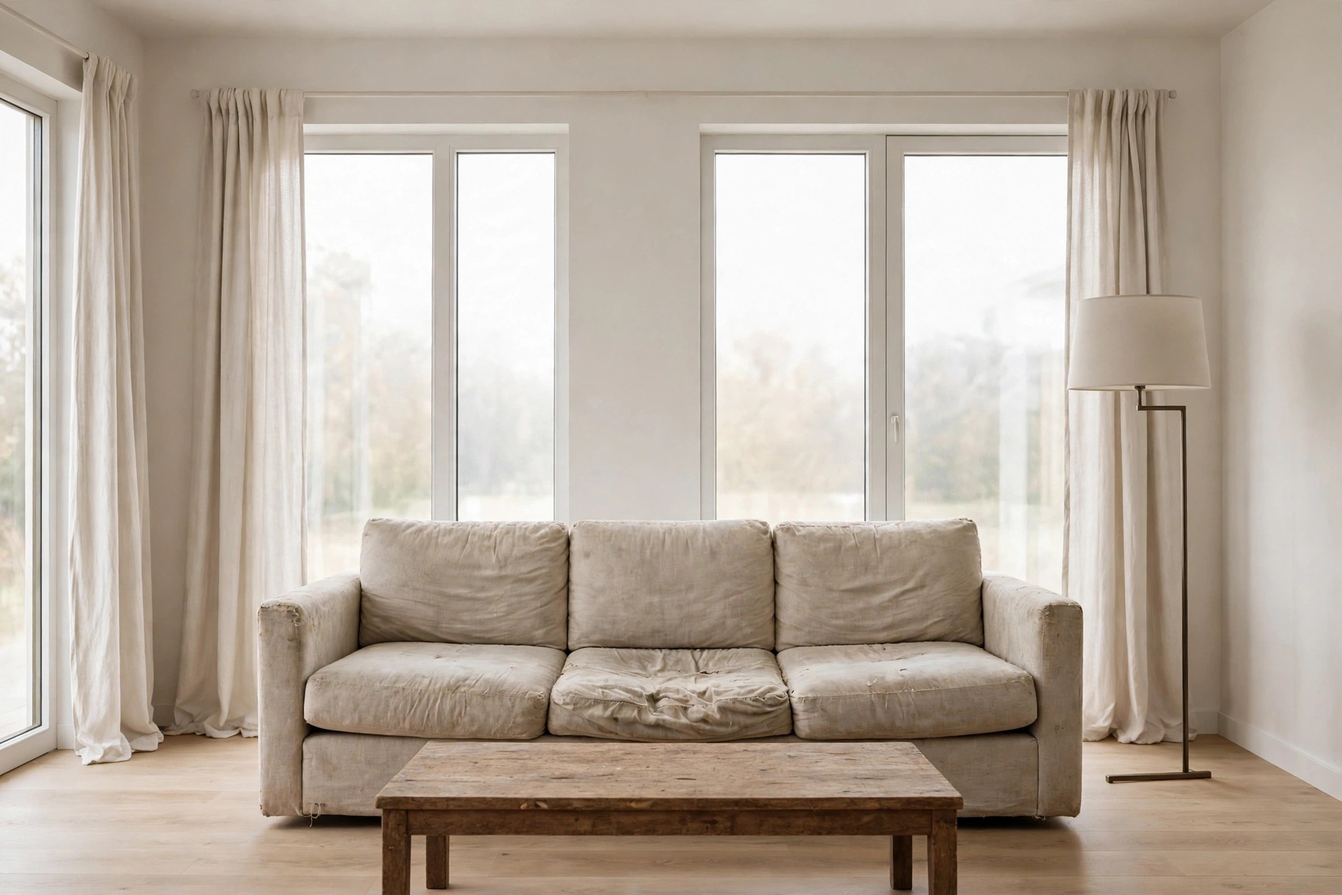 Same living room with old worn-out outdated furniture